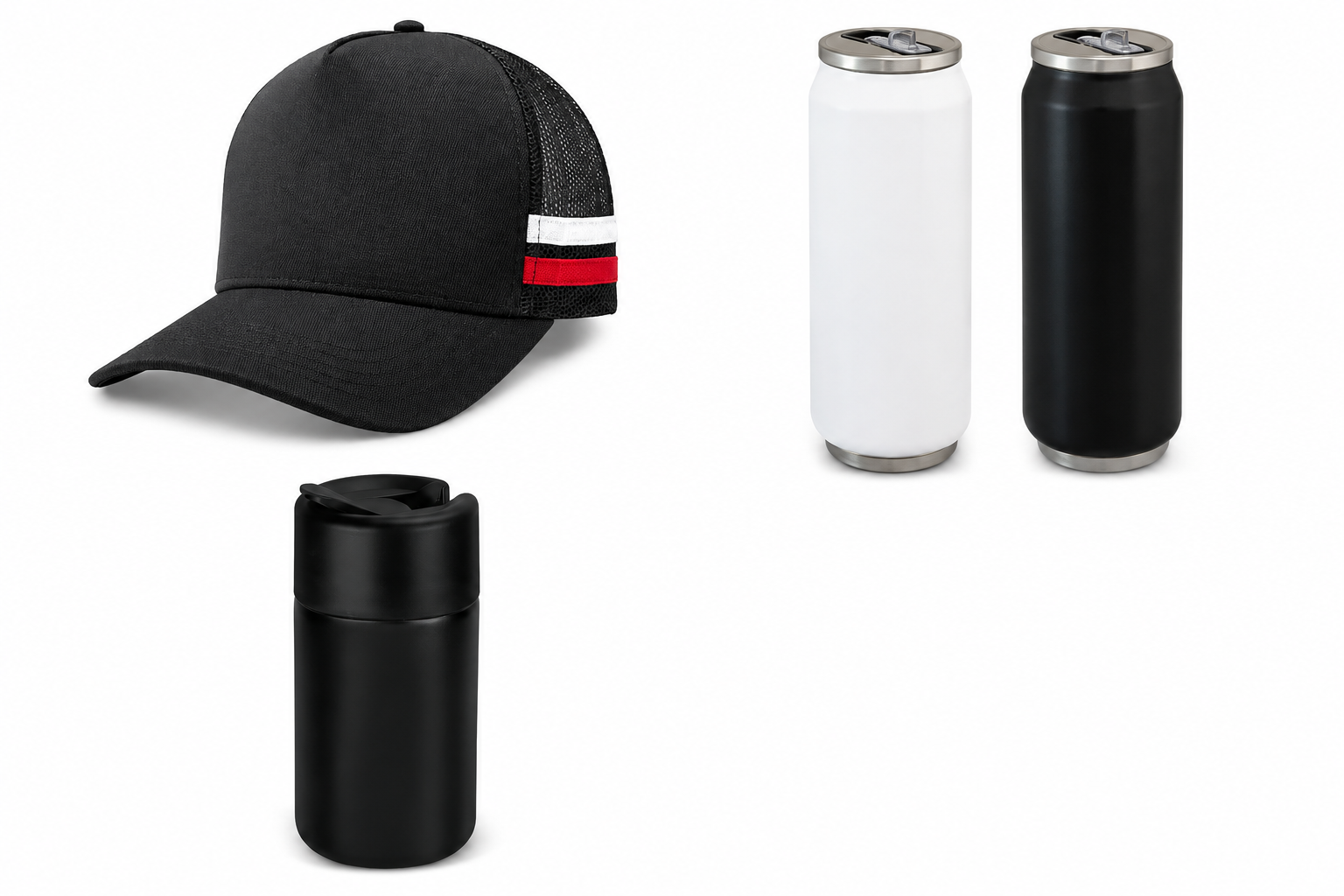 Hero product shots including branded cap, vacuum bottles and cup